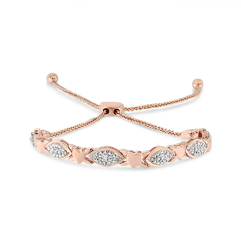 14K Rose Gold Plated .925 Sterling Silver Diamond Accent Alternating Marquise Shape and Heart Links Bolo Bracelet