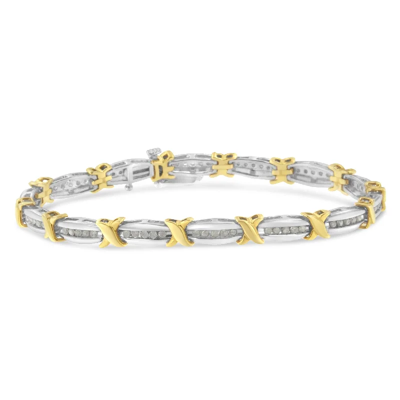 Two-Tone 10K Yellow Gold over .925 Sterling Silver 1.0 Cttw Diamond Channel Set Tapered & X-Link 7" Tennis Bracelet