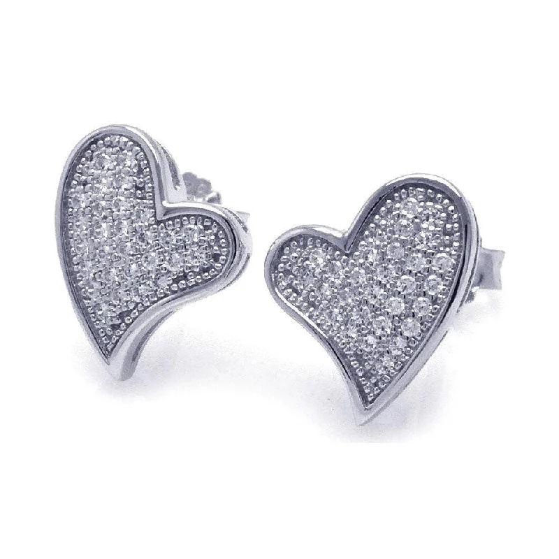 vintage-inspired earrings for women -Silver 925 Rhodium Plated Micro Pave Clear Curvy Heart CZ Stud Earrings - ACE00040