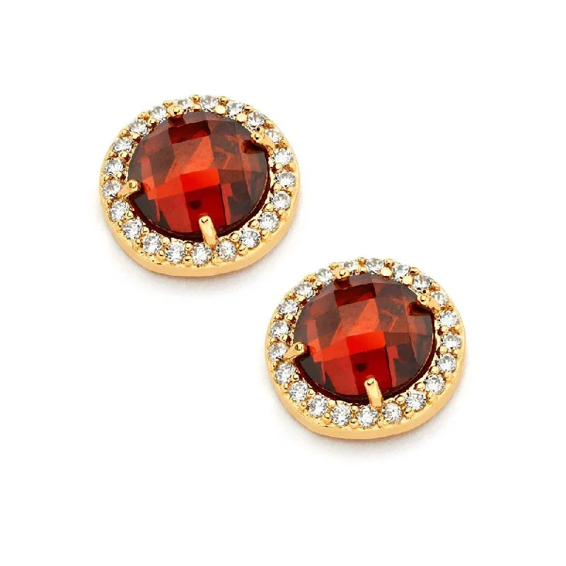 colorful gemstone earrings -Silver 925 Gold Plated Red Center Clear Outline CZ Stud Earrings - BGE00360R