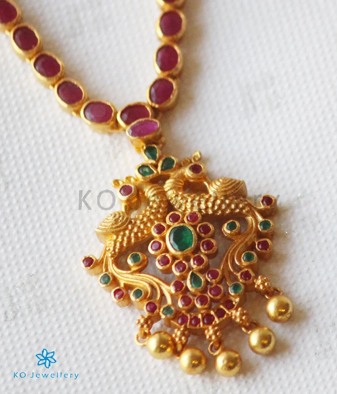 minimalist gold necklaces for women -The Samarth Silver Kempu Peacock Necklace(Red/Green)