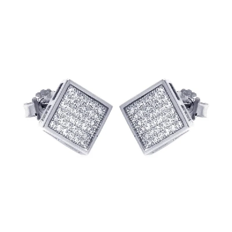 diamond hoop earrings for women -Silver 925 Rhodium Plated Micro Pave Clear Square CZ Stud Earrings - ACE00041