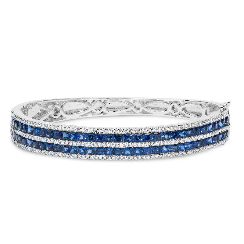 18K White Gold Alternating Diamond and 8.00 Cttw Princess Cut Blue Sapphire Multi Row Bangle Bracelet