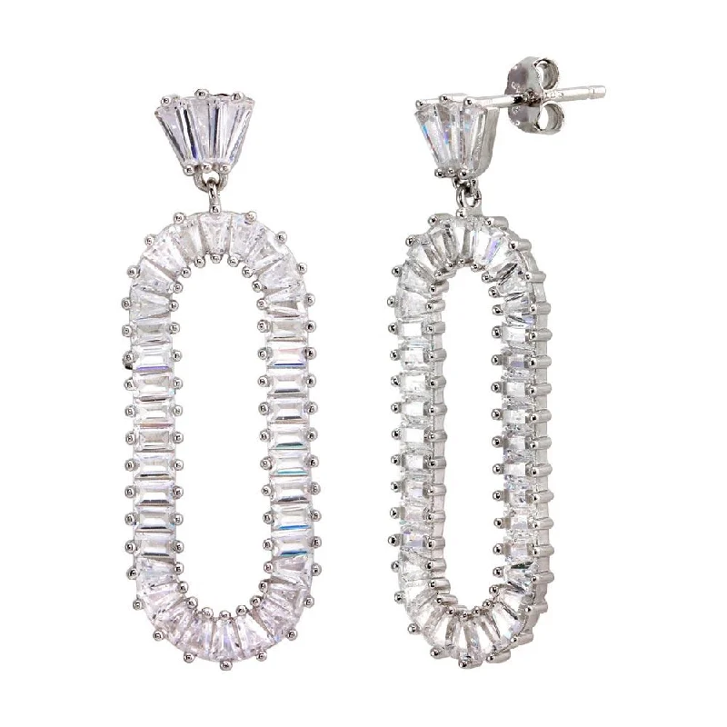 unique pearl earrings for women -Rhodium Plated 925 Sterling Silver Open Oval Baguette CZ Dangling Earrings - STE01208