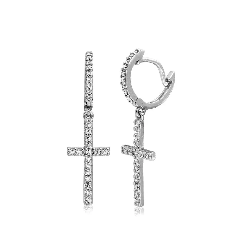 artistic gold earrings for women -Rhodium Plated 925 Sterling Silver Hanging CZ Cross huggie hoop Earrings - BGE00495