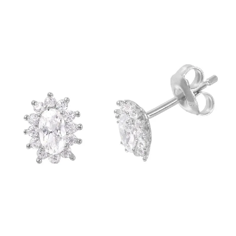 hoop earrings for women -Silver 925 Rhodium Plated Oval CZ Burst Stud Earrings - GME00012