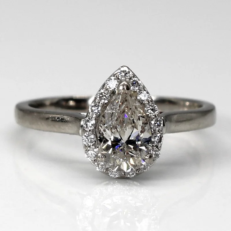 women’s unique gemstone engagement rings -Pear Cut Canadian Certified Diamond Halo Engagement Ring | 0.65ctw I1 K | SZ 4.5 |