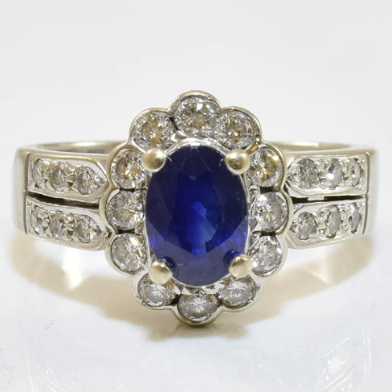 fancy engagement rings -Blue Sapphire & Diamond Halo Engagement Ring | 0.90ct, 0.50ctw | SZ 5.5 |