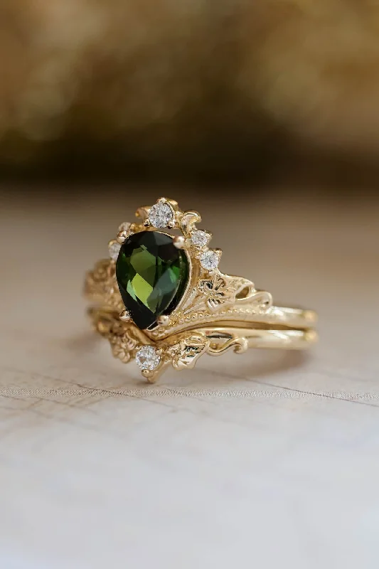 women’s engagement ring sets -Green tourmaline engagement ring, bridal ring set with diamonds / Ariadne