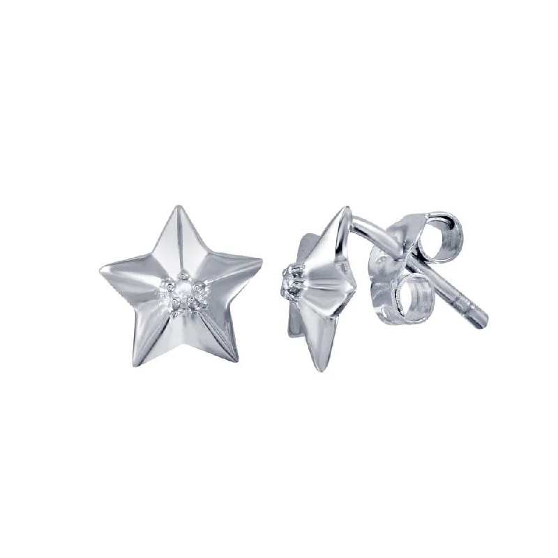 high-end earrings for women -Rhodium Plated 925 Sterling Silver Diamond Star Stud Earrings - STE00995DIA