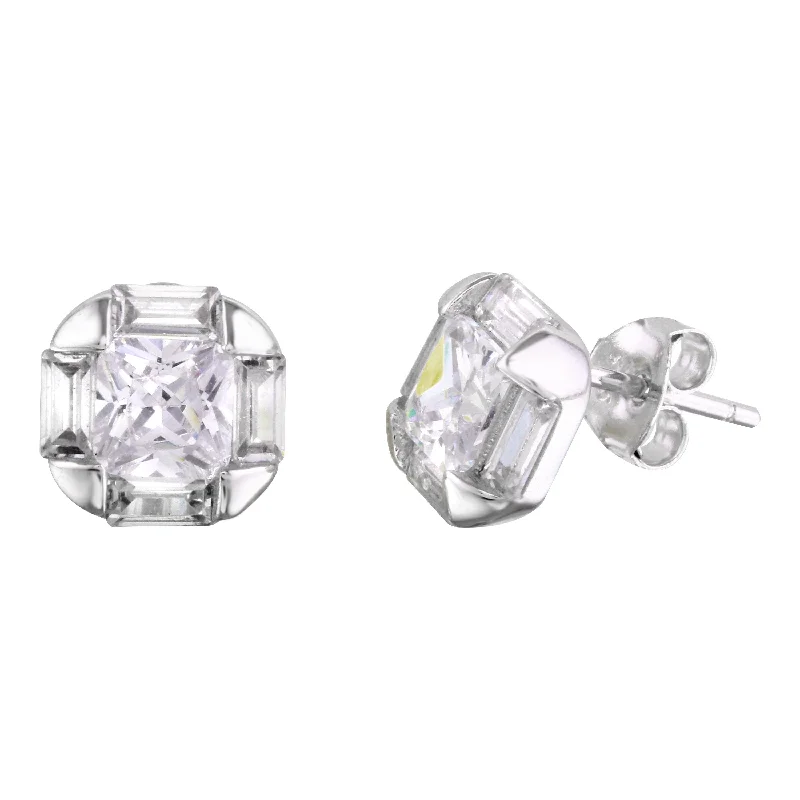 silver stud earrings for women -Rhodium Plated 925 Sterling Silver CZ Stud Earrings - BGE00567