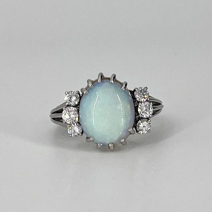 Vintage White Opal and Diamond Cocktail Ring | 2.23 ct, 0.51 ctw | SZ 7.25