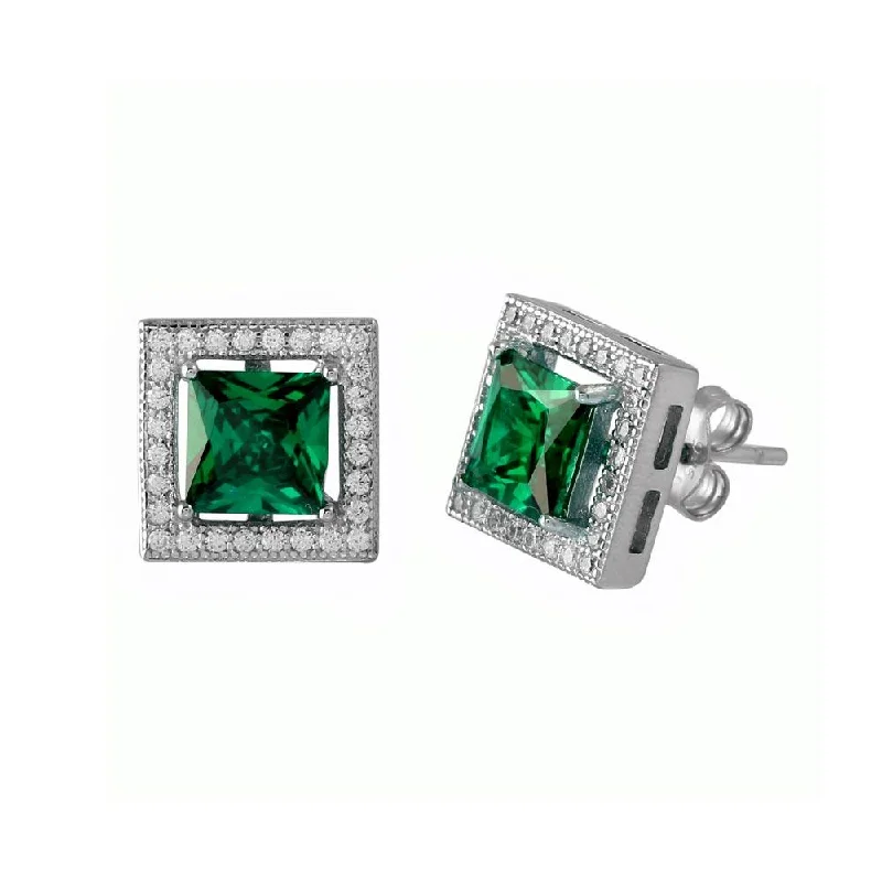 simple earrings for women -Rhodium Plated 925 Sterling Silver Green Halo Square CZ Stud Earrings - BGE00632GRN