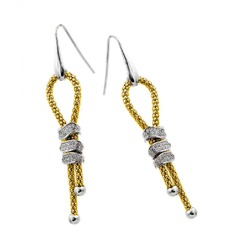 dangling gold earrings for women -Silver 925 Rhodium and Gold Plated Dangling Ribbon Center Rectangular CZ Inlay Dangling Hook Earrings - ECE011GP