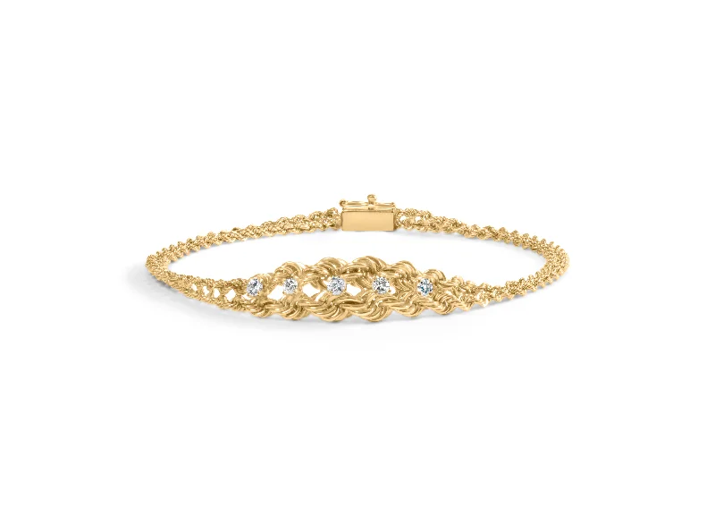 10K Yellow Gold 1/4 Cttw Round-Cut Diamond Basket Weave Rope Chain Style 7" Bracelet