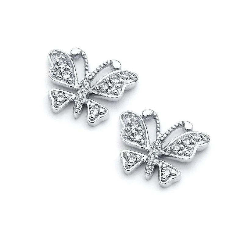 bold earrings for women -Silver 925 Rhodium Plated Open Butterfly CZ Stud Earrings - BGE00354