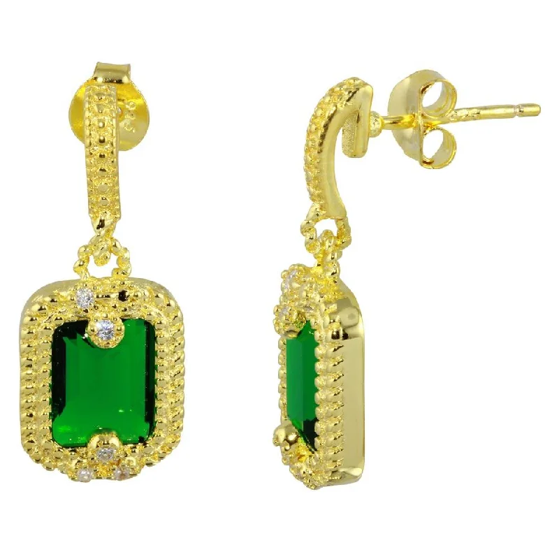 women’s designer earrings -Gold Plated 925 Sterling Silver Green Rectangle Dangling Earrings - BGE00561GRN