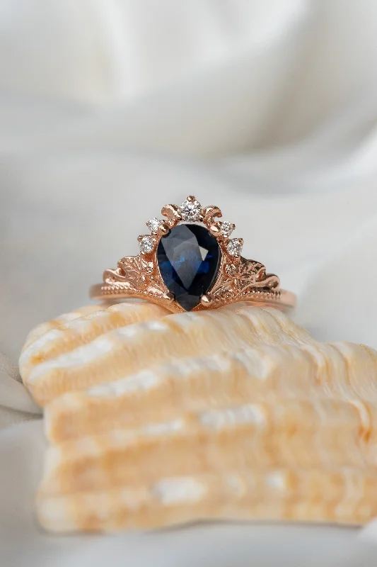 fancy cut engagement rings -READY TO SHIP: Ariadne engagement ring, pear cut natural blue sapphire, accents moissanites, 14K rose gold, AVAILABLE RING SIZES: 5 - 8 US