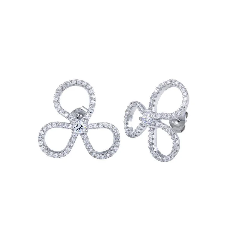 studded earrings for women -Rhodium Plated 925 Sterling Silver Open Clover Leaf CZ Earrings - BGE00619