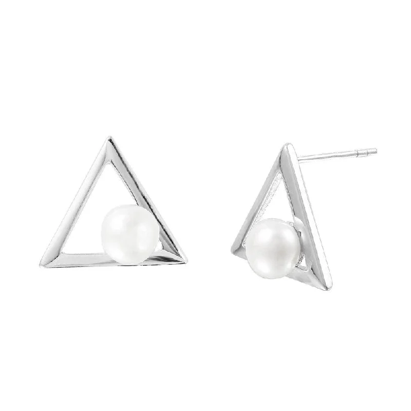 women’s luxury diamond earrings -Silver 925 Rhodium Plated Open Triangle Fresh Water Pearl Stud Earrings - STE01002