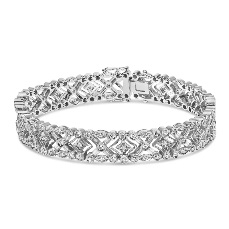 18K White Gold 3 3/4 Cttw Baguette and Round Diamond Art Deco Vintage-Inspired Link Bracelet