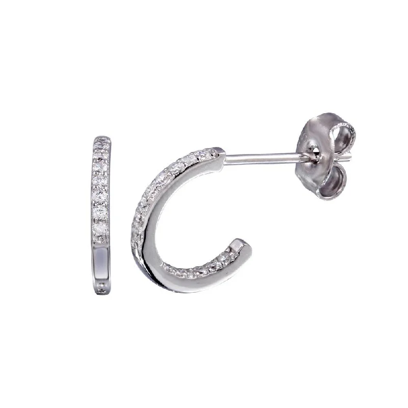 minimalistic earrings for women -Rhodium Plated 925 Sterling Silver Semi Hoop Inside Out CZ Earring - STE01232