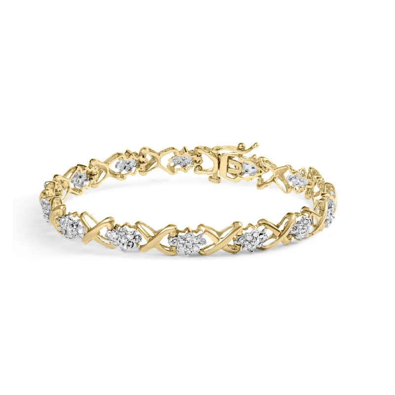 10k Yellow Gold 2.00 Cttw Diamond Cluster and Alternating "X" Link Bracelet