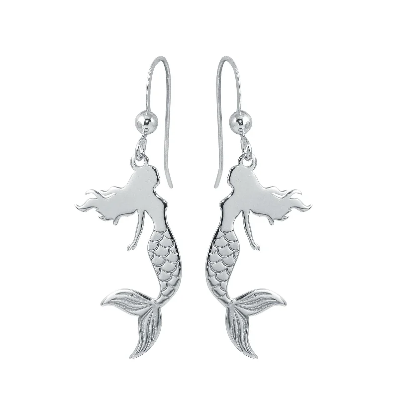 stacked earrings for women -Rhodium Plated 925 Sterling Silver Dangling Mermaid Earrings - SOE00034