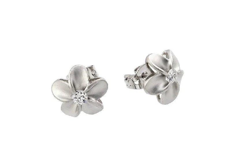 luxury earrings for women -Silver 925 Rhodium Plated Flower Round CZ Stud Earrings - BGE00278