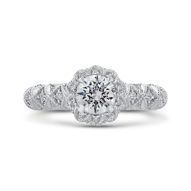 vintage-inspired engagement rings -14K White Gold Round Diamond Floral Halo Engagement Ring