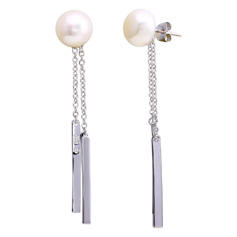 geometric stud earrings for women -Rhodium Plated 925 Sterling Silver Fresh Water Pearl Bar Dangling Earrings - BGE00625