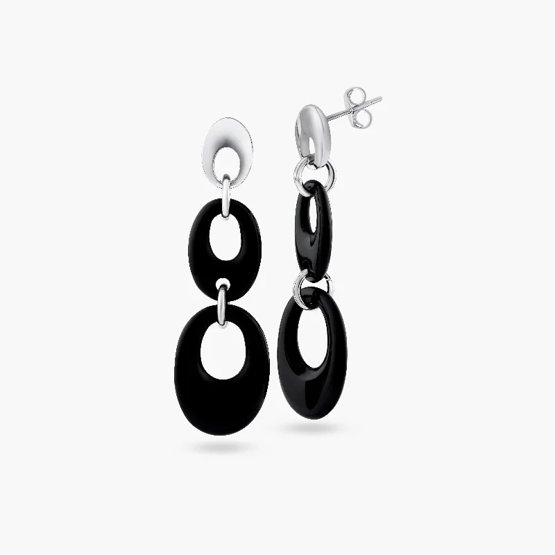 clip-on earrings for women -Clearance-Silver 925 Rhodium Plated Black Open Oval Onyx Stud Dangling Earrings - BGE00113