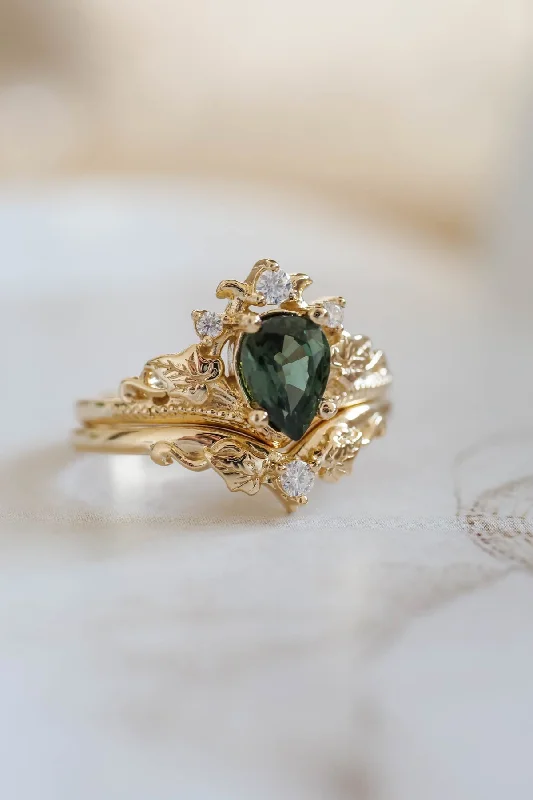 radiant cut engagement rings -Green sapphire engagement ring set, tiara ring with diamonds / Ariadne