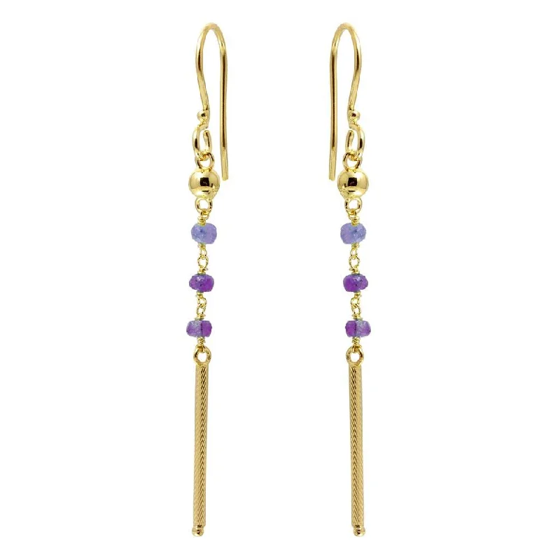 affordable diamond earrings for women -Gold Plated 925 Sterling Silver Dangling 3 Purple Bead with Matte Gold Bar Earrings - DIE00009GP-AM