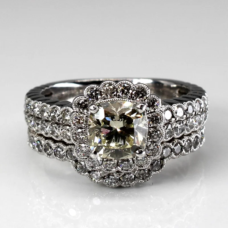 Halo Diamond Engagement 18K Ring Set | 3.71ctw VS1/VS2 | SZ 8.5 |