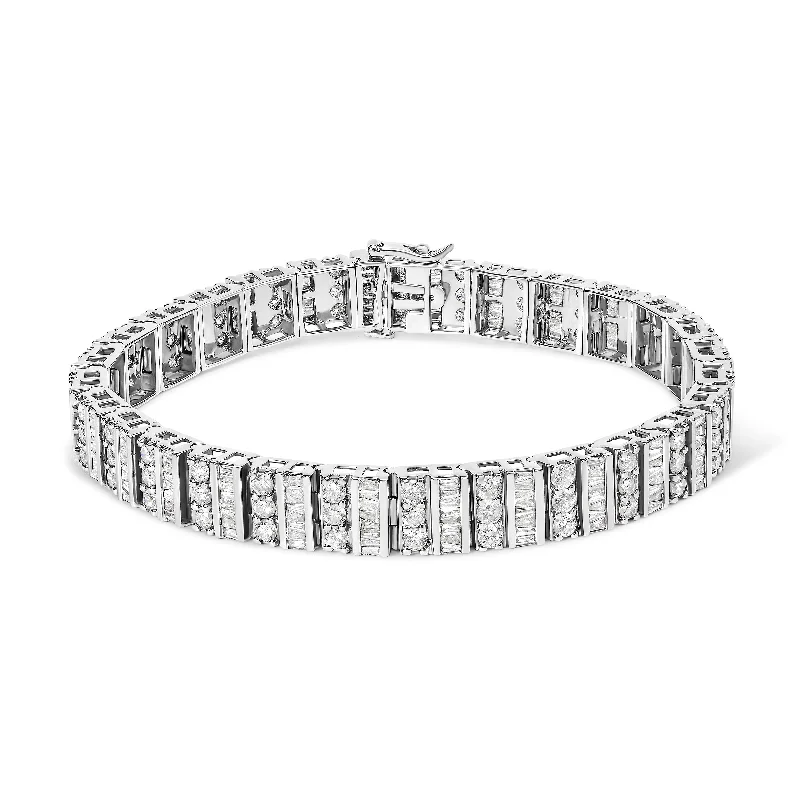 14K White Gold 6.00 Cttw Alternating Round and Baguette Diamond Tennis Bracelet