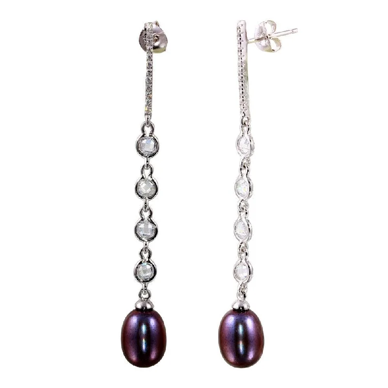 sapphire earrings for women -Rhodium Plated 925 Sterling Silver CZ Bar Fresh Water Black Pearl Drop Earrings - BGE00563