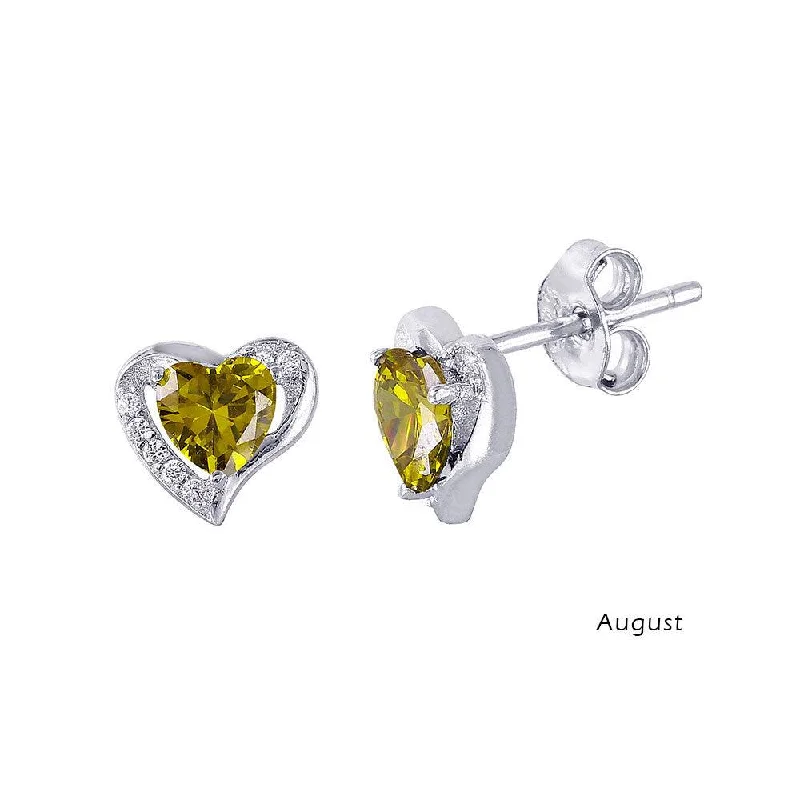 layered earrings for women -Rhodium Plated 925 Sterling Silver Heart with Birthstone Center Stud Earrings August - STE01028-AUG