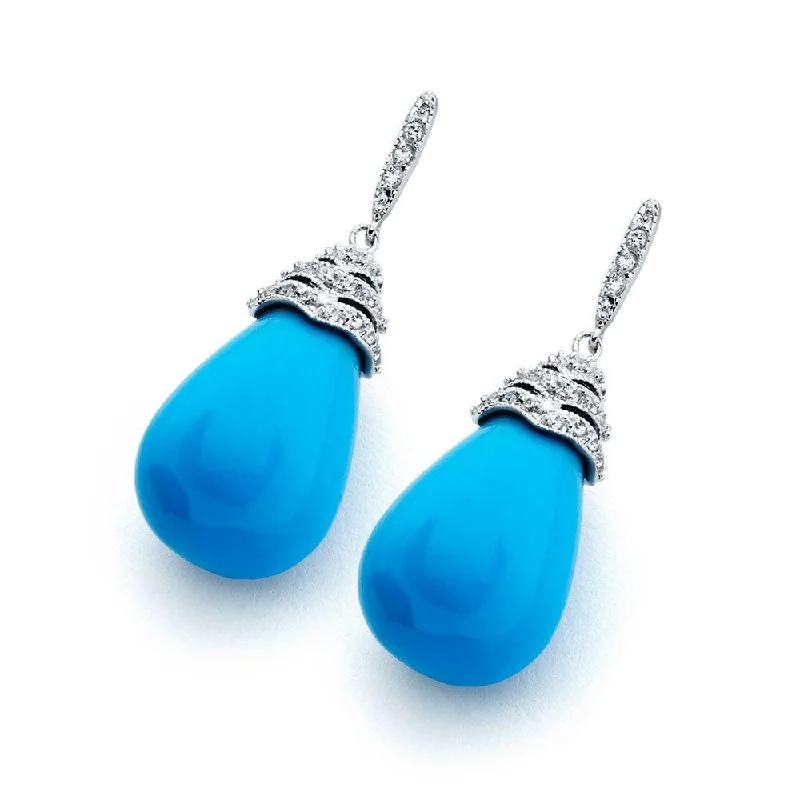 silver dangle earrings for women -Silver 925 Rhodium Plated Pear Teardrop Turquoise CZ Dangling Stud Earrings - BGE00349