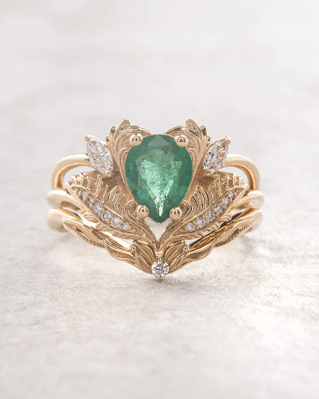 wedding ring sets for women -Nature inspired emerald engagement ring set / Adonis