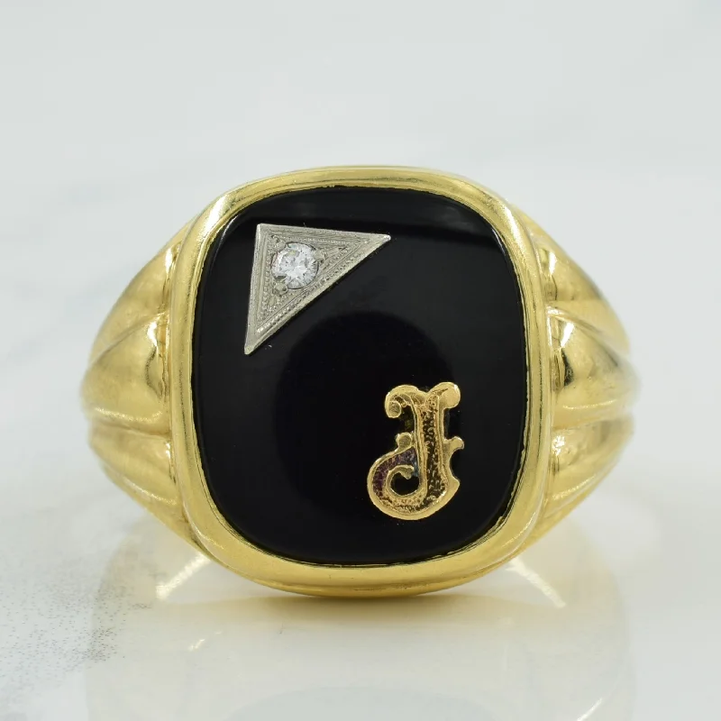 Black Onyx & Diamond 'J' Initial Ring | 6.50ct, 0.03ct | SZ 11.25 |