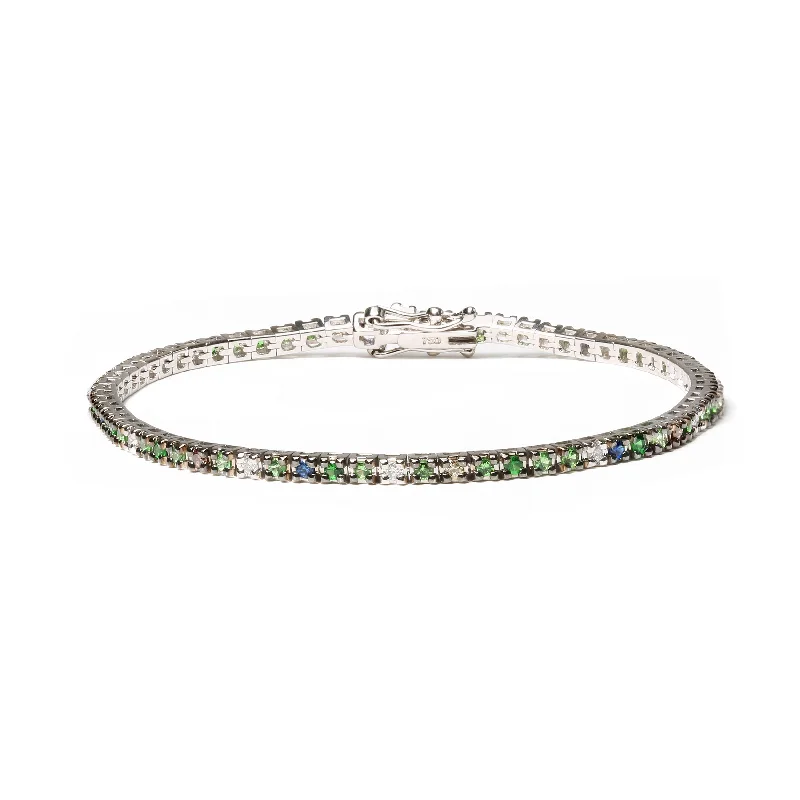 18K White Gold 3/8 Cttw Diamond with Blue Sapphire and Green Tsavorite Gemstone Multi-Colored Tennis Bracelet