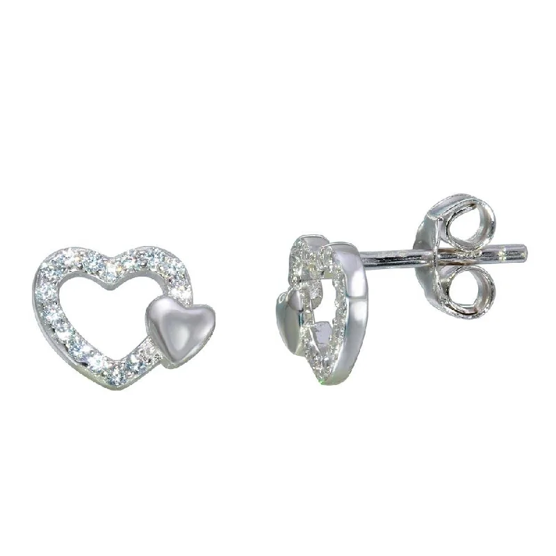 unique earrings for women -Rhodium Plated 925 Sterling Silver Open Mini Heart Earrings with CZ - STE01113