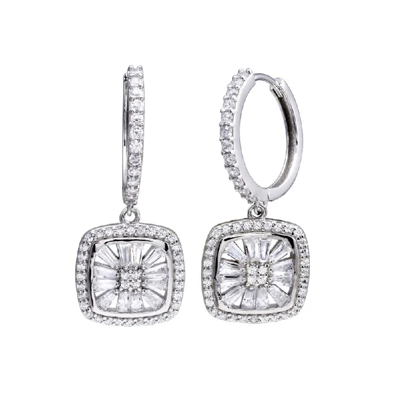 luxury diamond earrings for women -Rhodium Plated 925 Sterling Silver CZ Hoop Dangling Halo Square Earring - STE01319