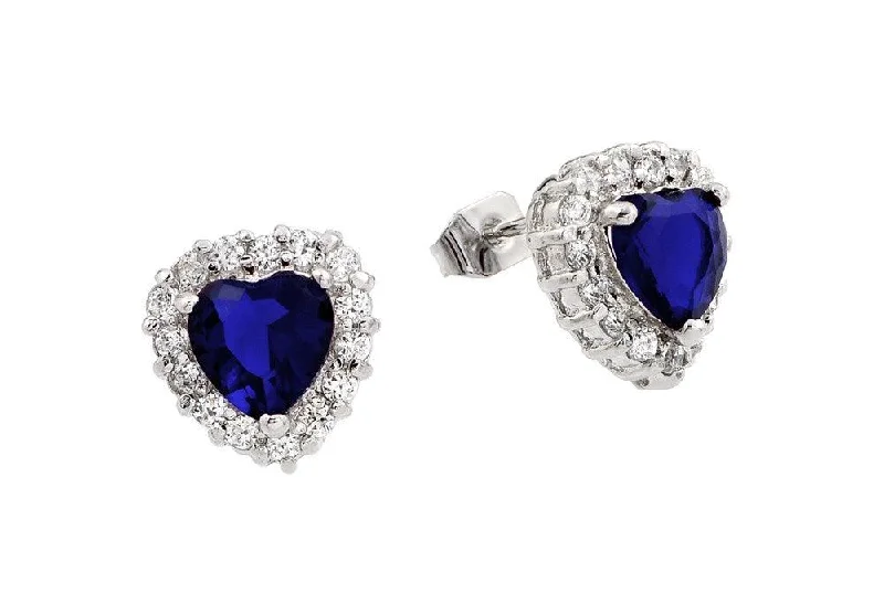 silver hoop earrings for women -Silver 925 Rhodium Plated Blue and Clear Heart CZ Stud Earrings - BGE00367B