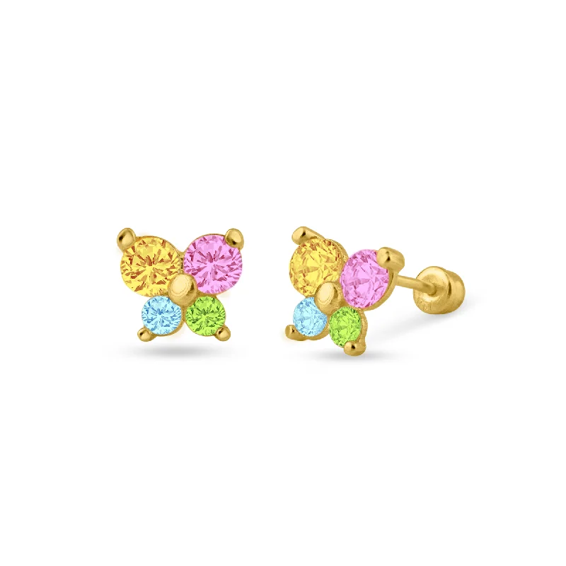 heart-shaped earrings for women -14E00136MUL - 14 Karat Yellow Butterfly Multicolor CZ Screw Back Stud Earrings