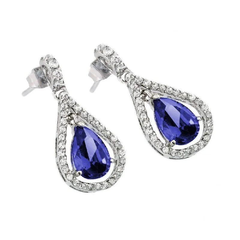 studded earrings for women -Silver 925 Rhodium Plated Teardrop Purple CZ Dangling Stud Earrings - BGE00379