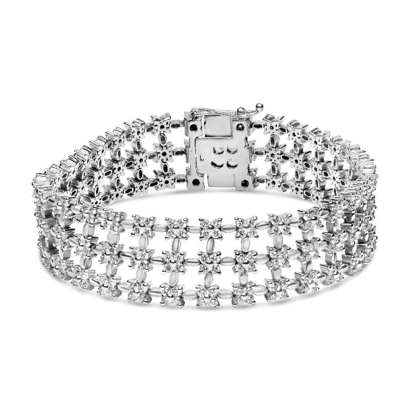 18K White Gold 7 1/2 Cttw Diamond 3 Row Floral Link Bracelet