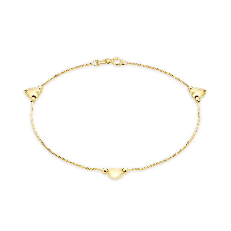 9K Yellow Gold Box Heart Chain Bracelet/ 26cm