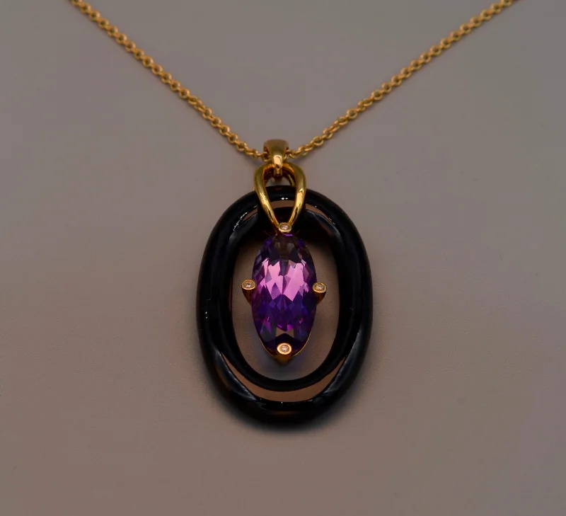 vintage style necklaces for women -14K Yellow gold Onyx and Amethyst pendant trimmed with 4 bezeled Diamonds